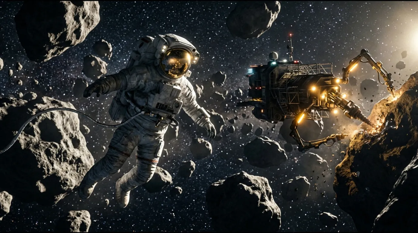 Astronauta no espaço ao lado de uma máquina de mineração em um asteroide
