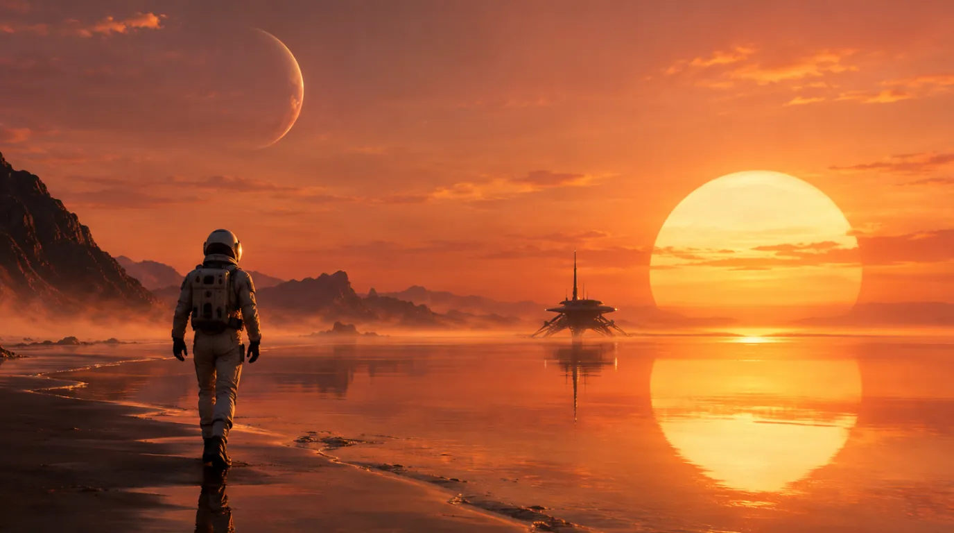 Astronauta caminhando em direção ao sol